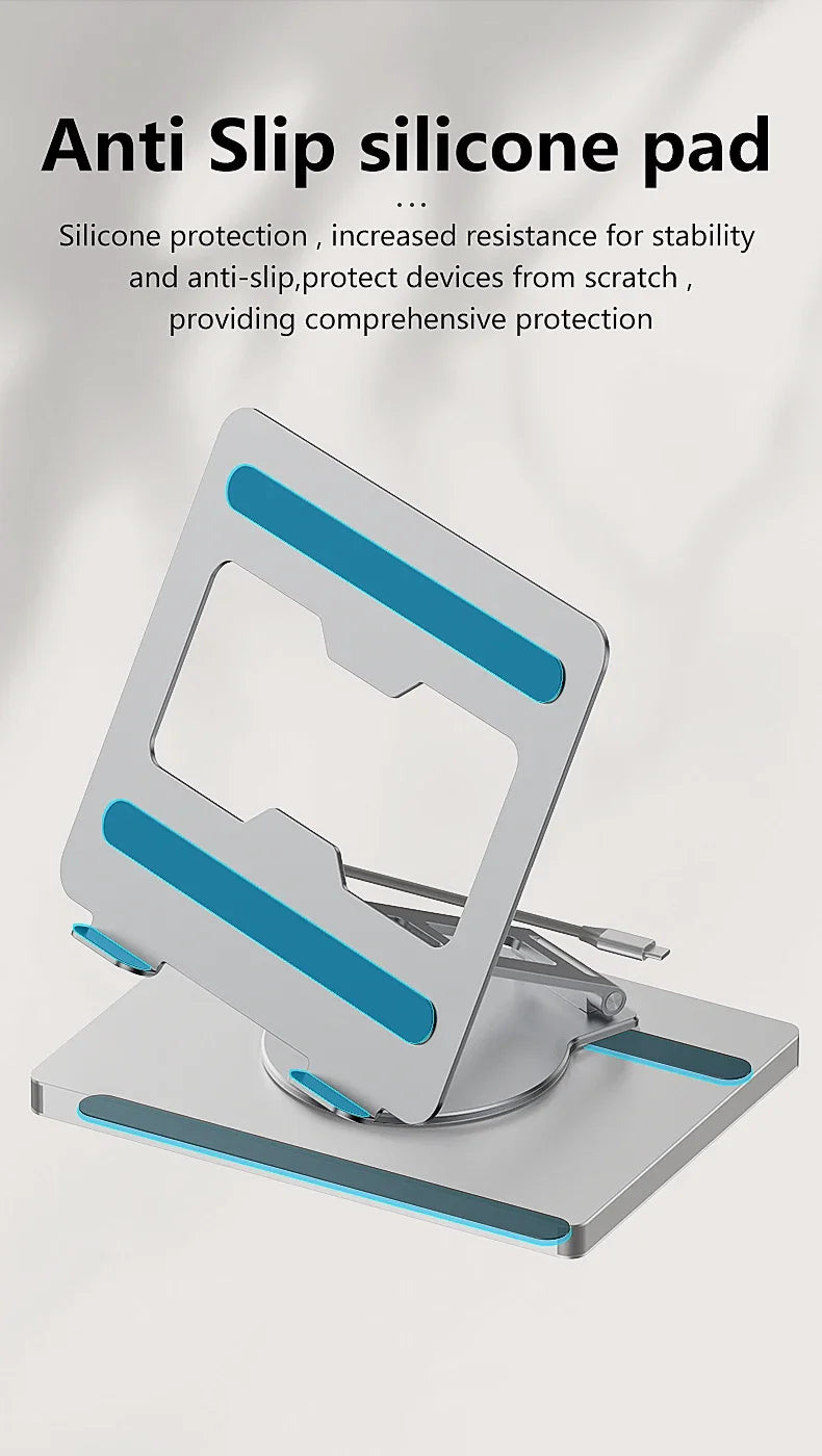 Silver phone stand with blue accents on a white background, featuring text about anti-slip silicone pad.