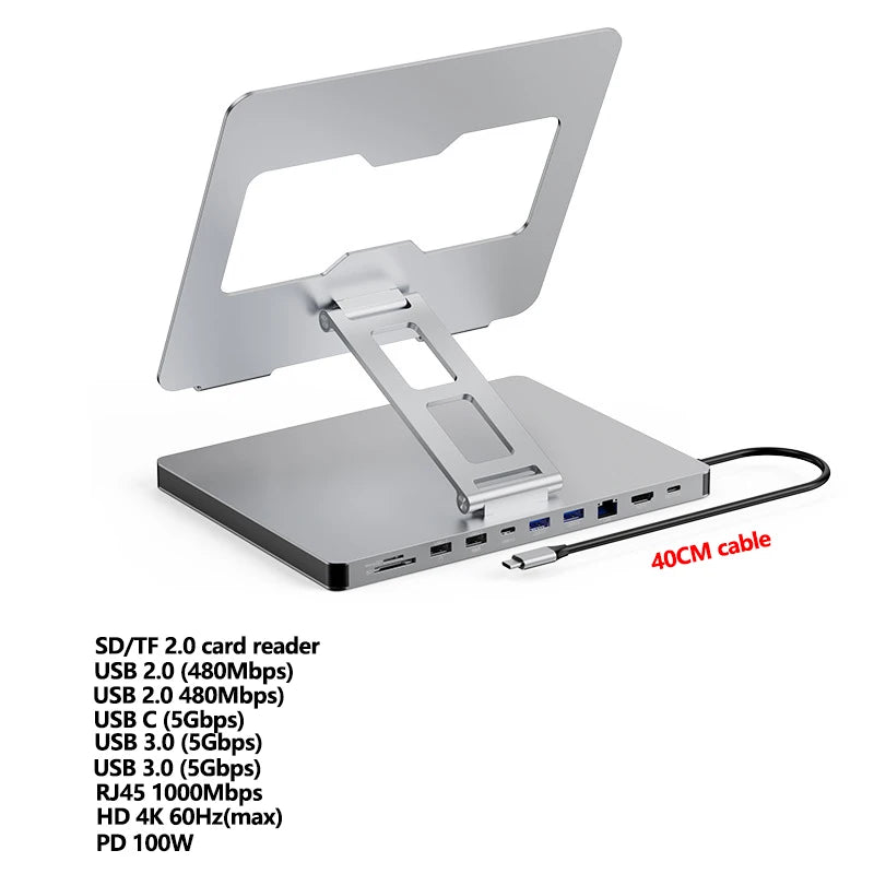 Multifunctional device with various ports and a cable on a white background