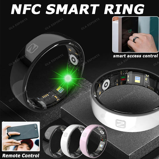 NFC smart ring with close-up and usage examples on a black background