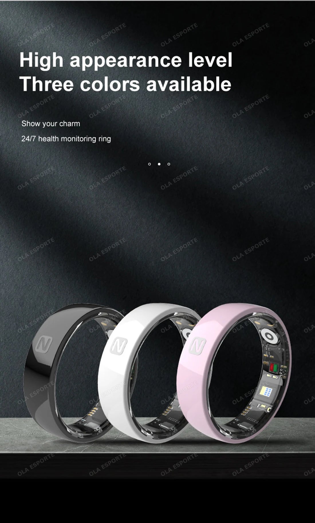 Three smart rings in black, white, and pink on a dark background with text about health monitoring and color availability.