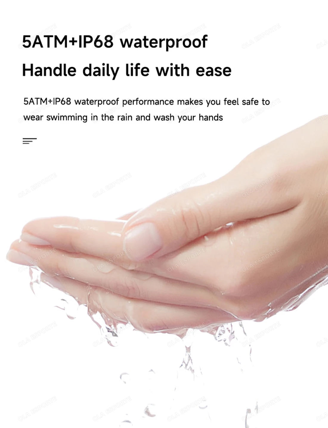 Hand washing with water droplets and text about waterproof performance on a white background