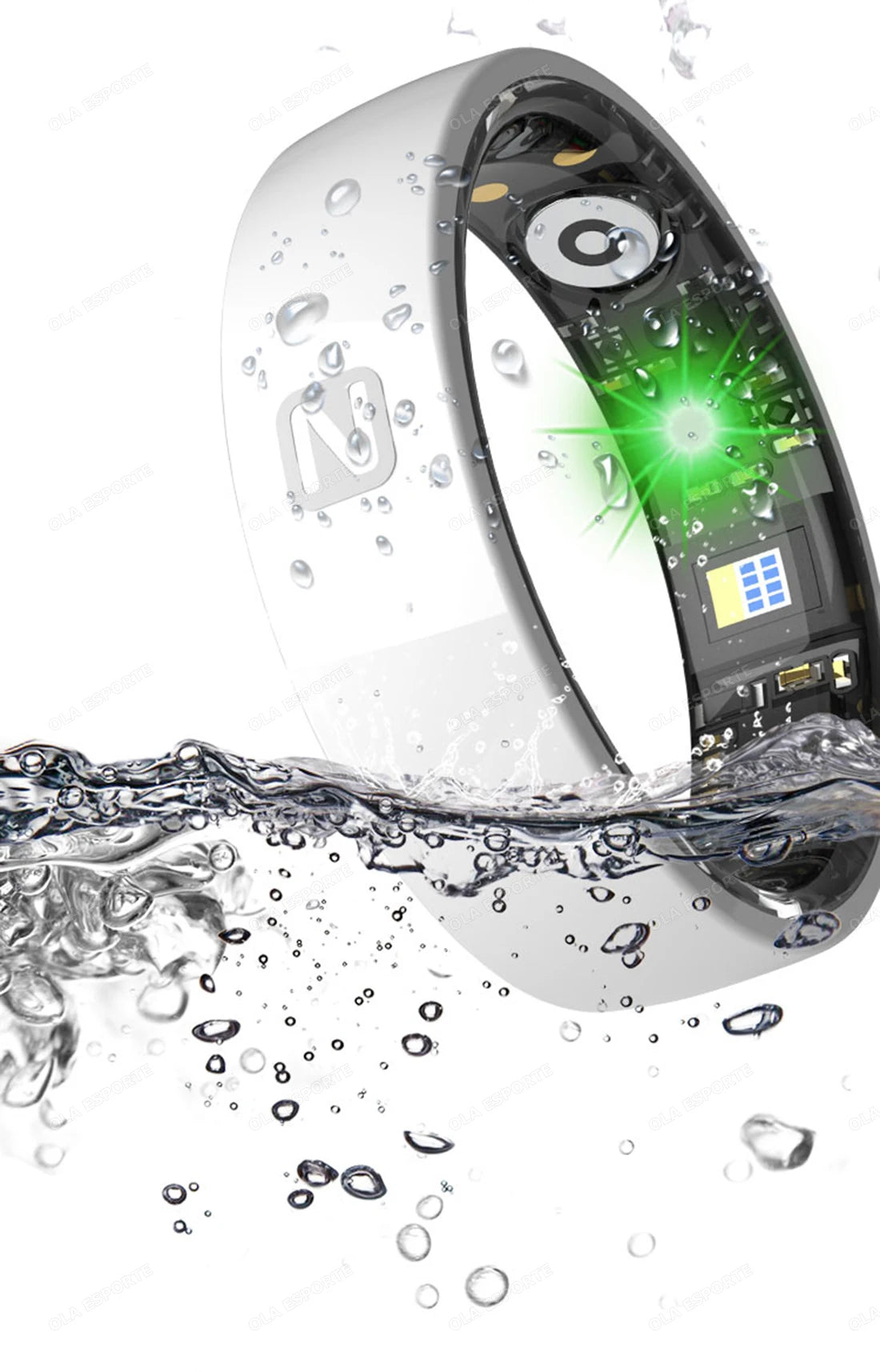 Smartwatch with water resistance feature, showing water droplets and bubbles around it.