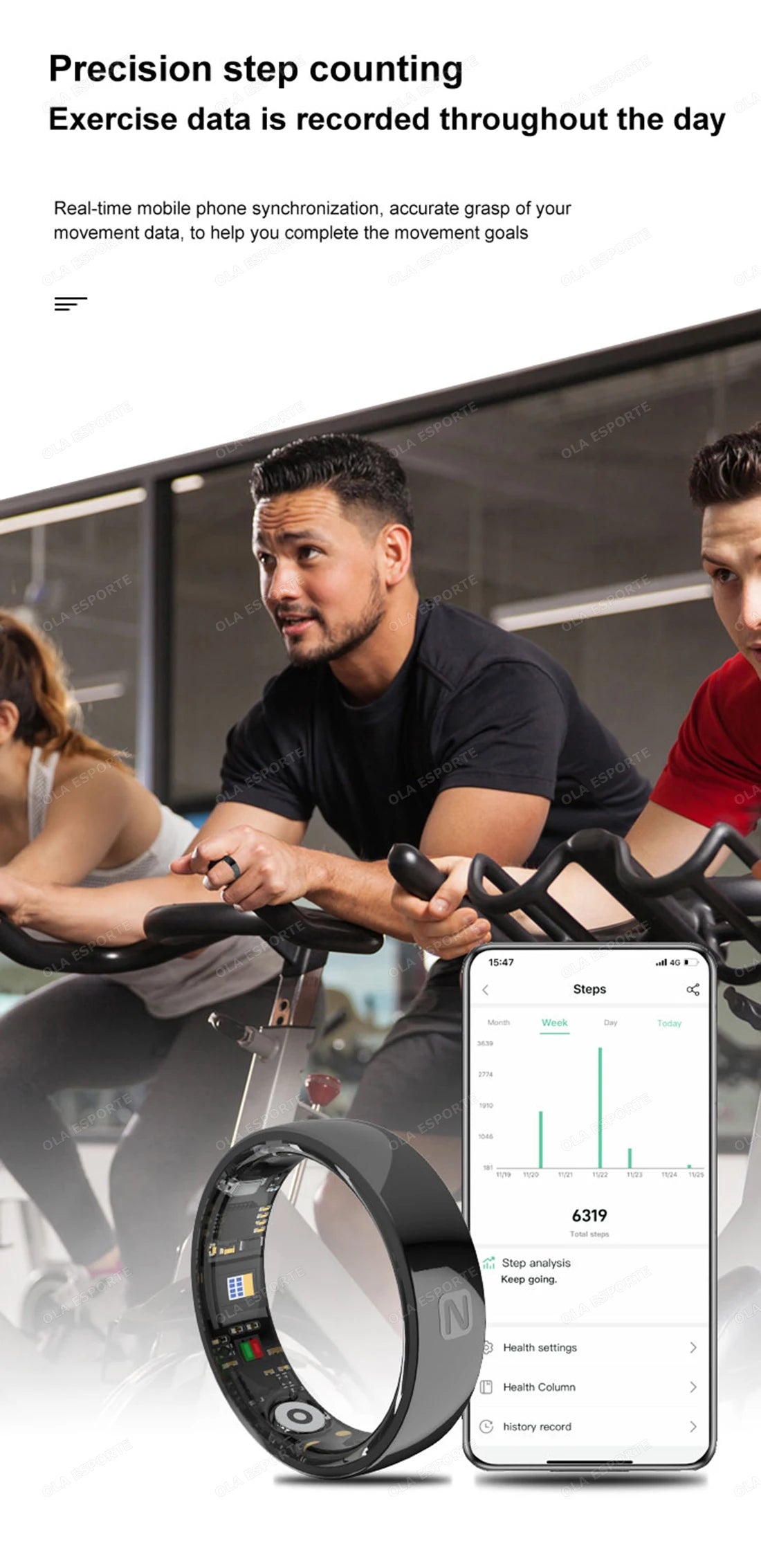 People exercising on a bike with a fitness tracker and smartphone app displaying exercise data.