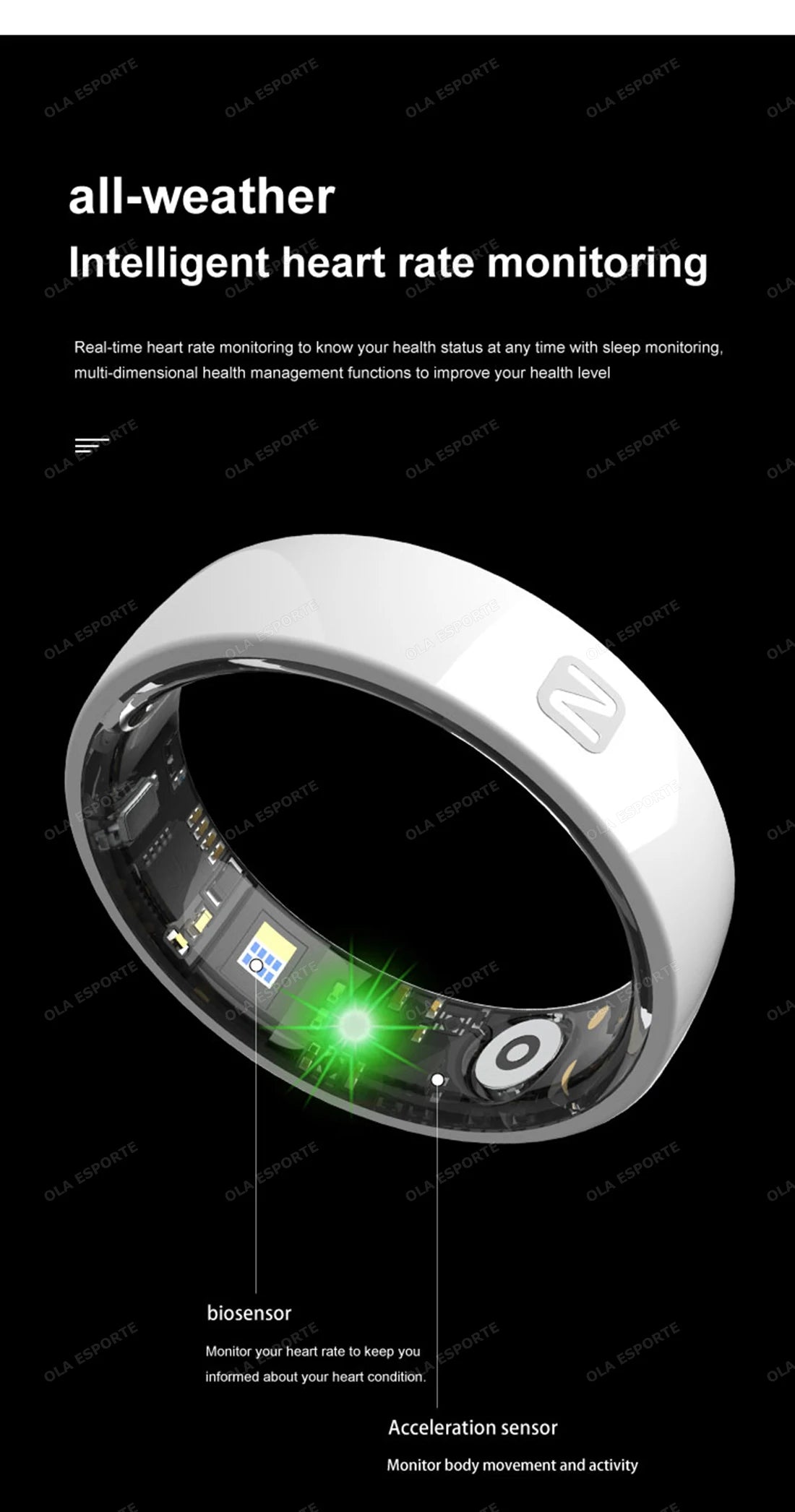 Smartwatch with biosensor and acceleration sensor on a black background