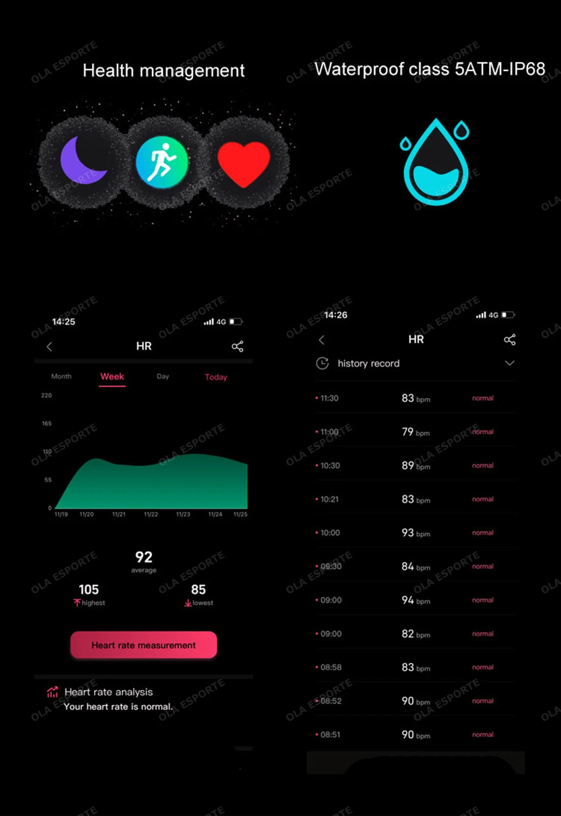 Health management app interface with heart rate monitoring on a dark background