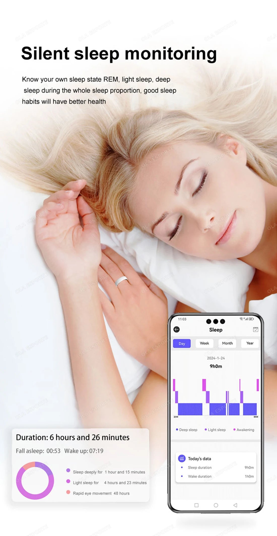 Woman sleeping with a phone displaying sleep monitoring app on a white background