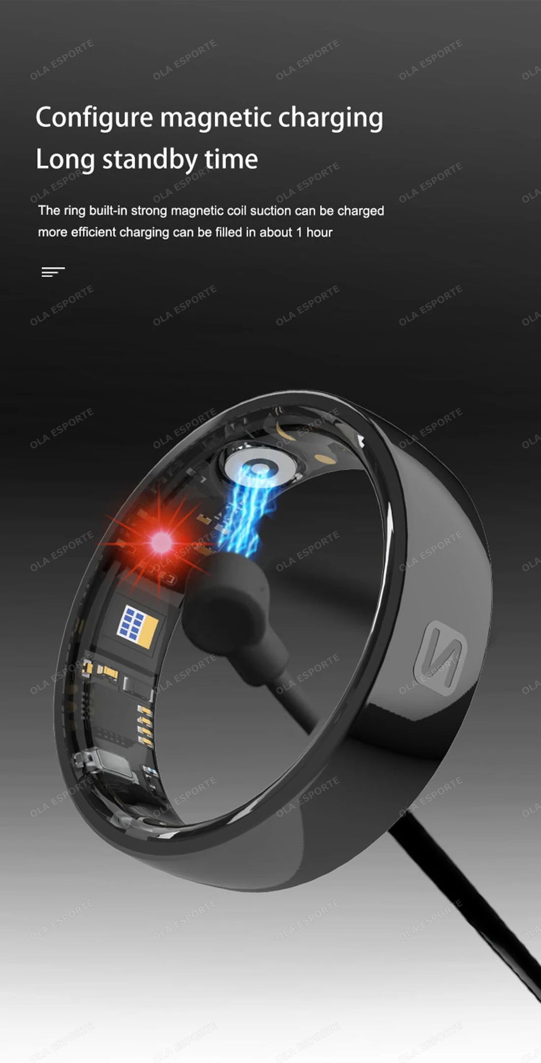 Magnetic charging device with text on a dark background