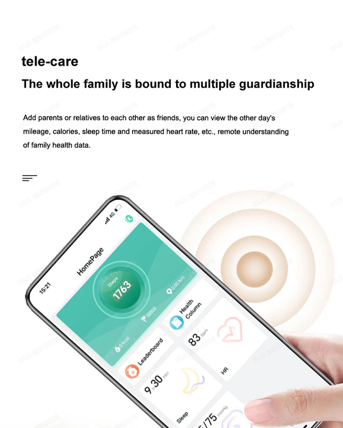 Smartphone displaying a health monitoring app with a hand holding the phone, on a white background.