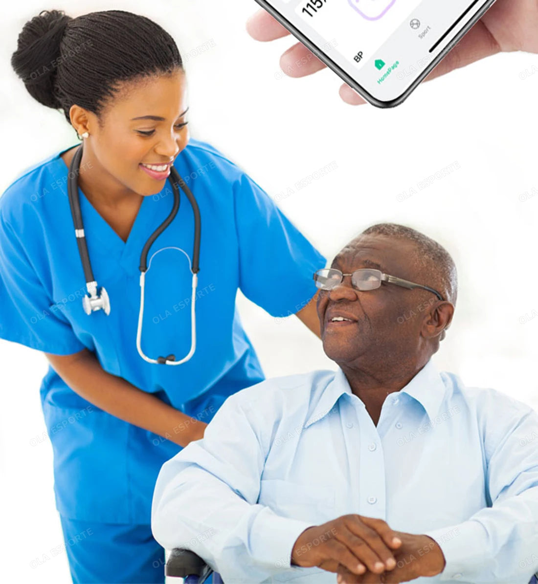 Nurse with a stethoscope interacting with an elderly patient, with a smartphone showing a heart rate monitor app.