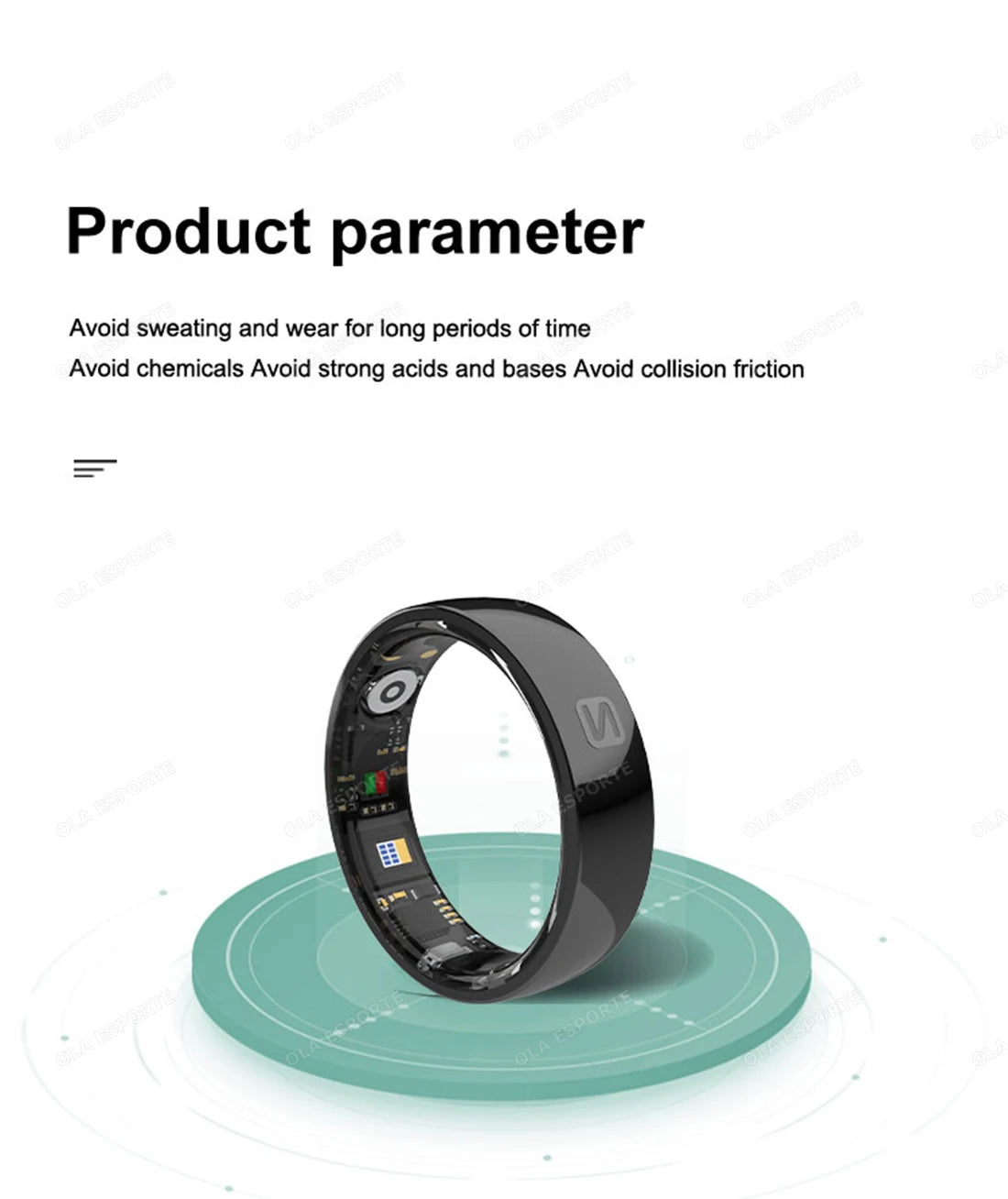 Black circular device on a white background with product parameter text.