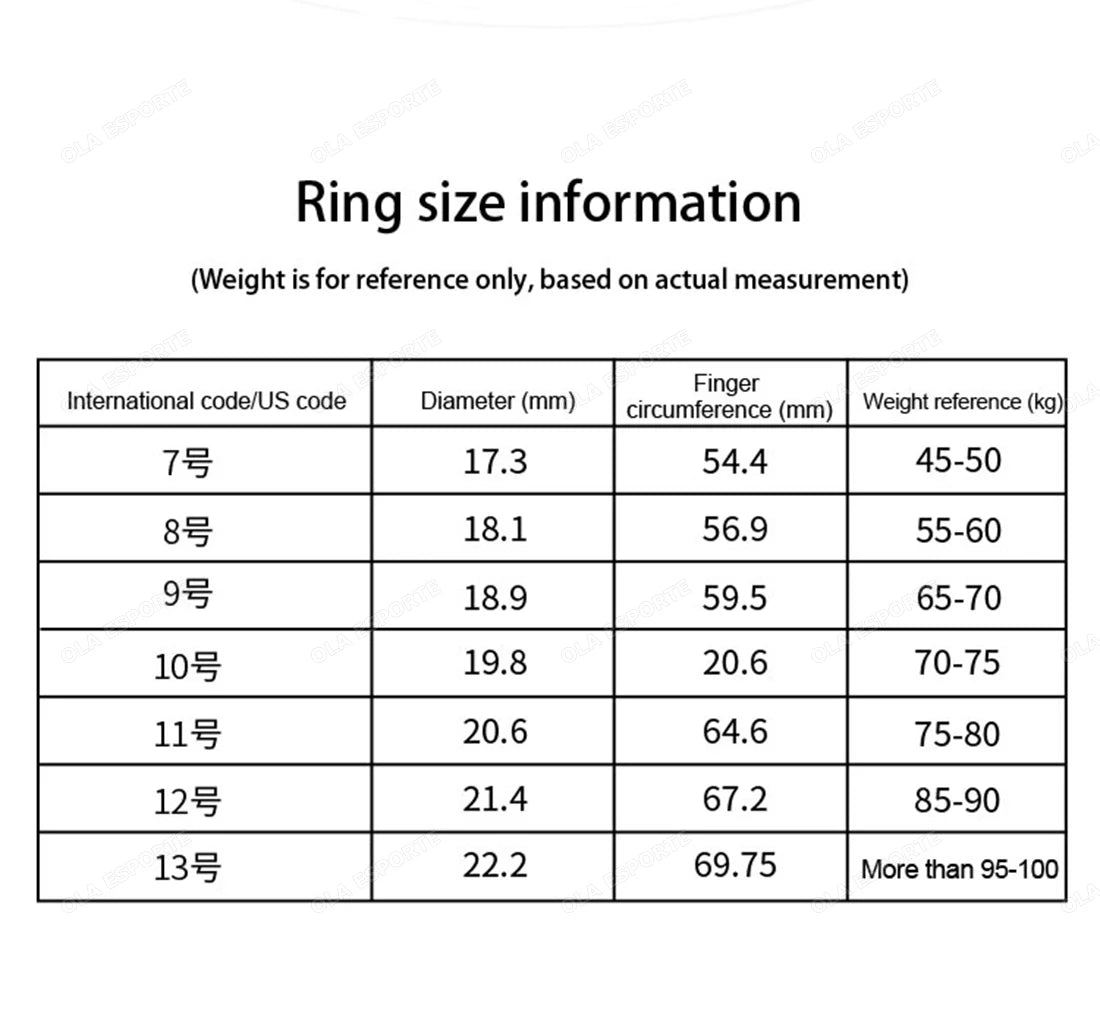 Ring size information chart with measurements and weight reference.