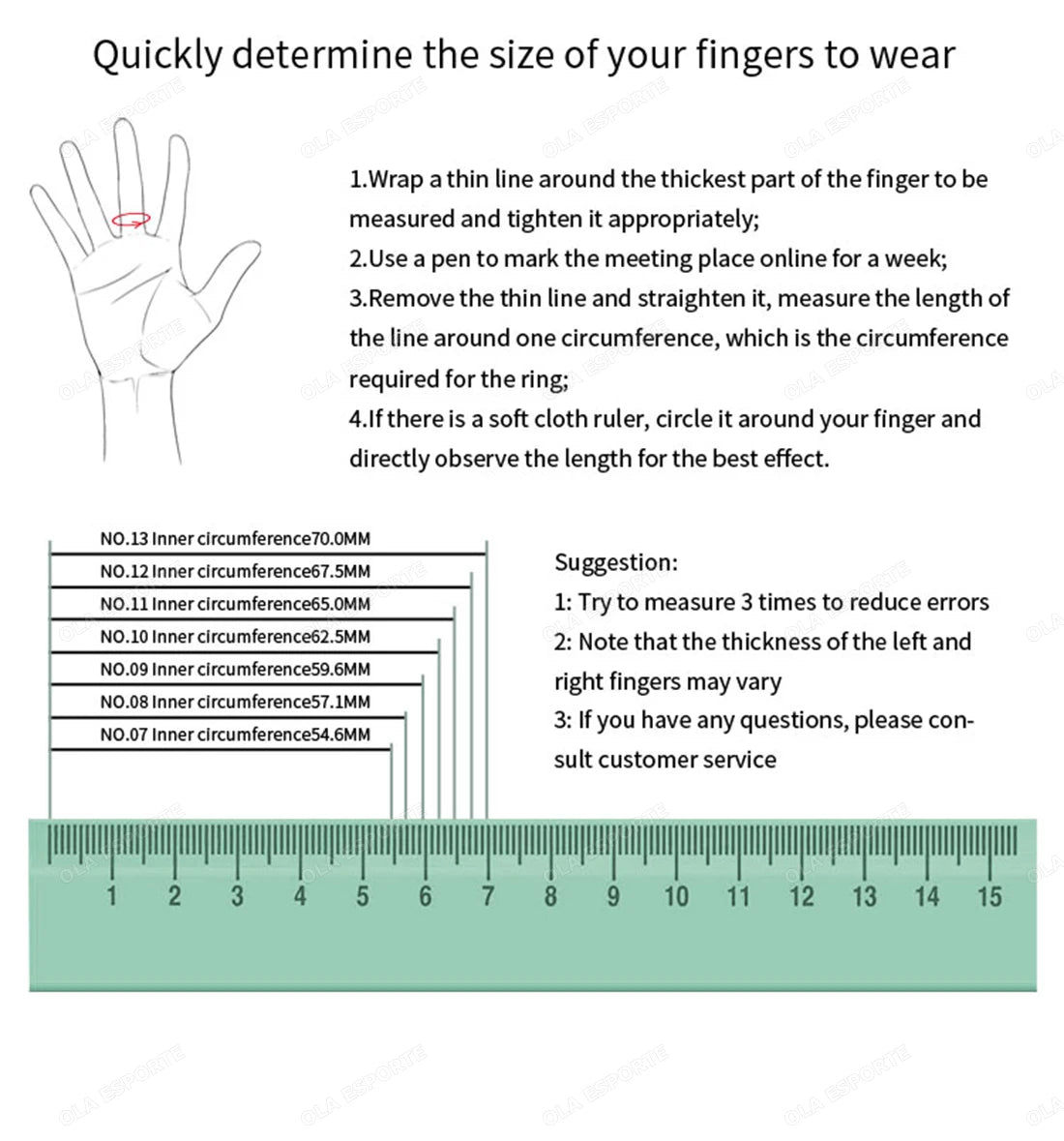 Instructions for measuring finger size with a ruler and diagram of a hand.