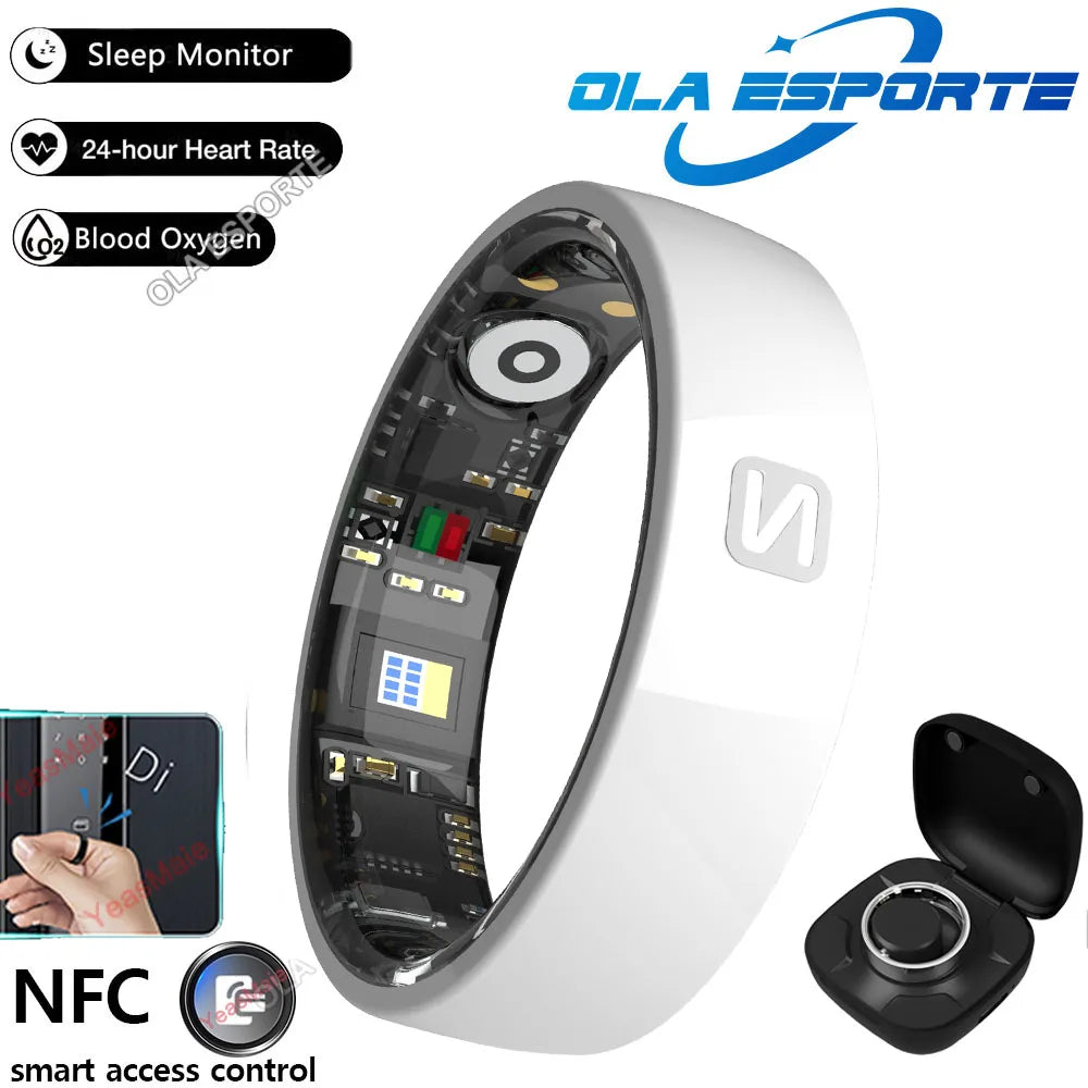 Smart ring with electronic components, Ola Esporte branding, and features listed on a white background.