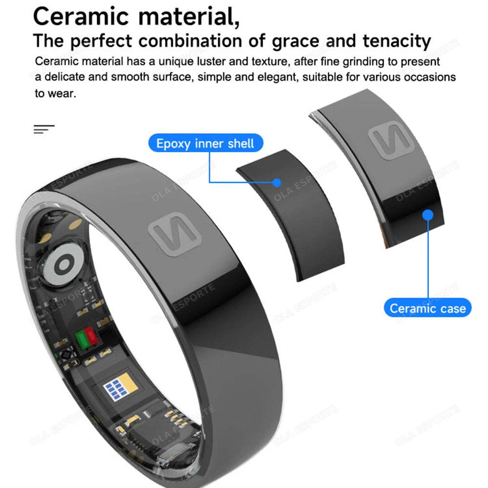 Ceramic material bracelet with labeled epoxy inner shell and ceramic case on a white background
