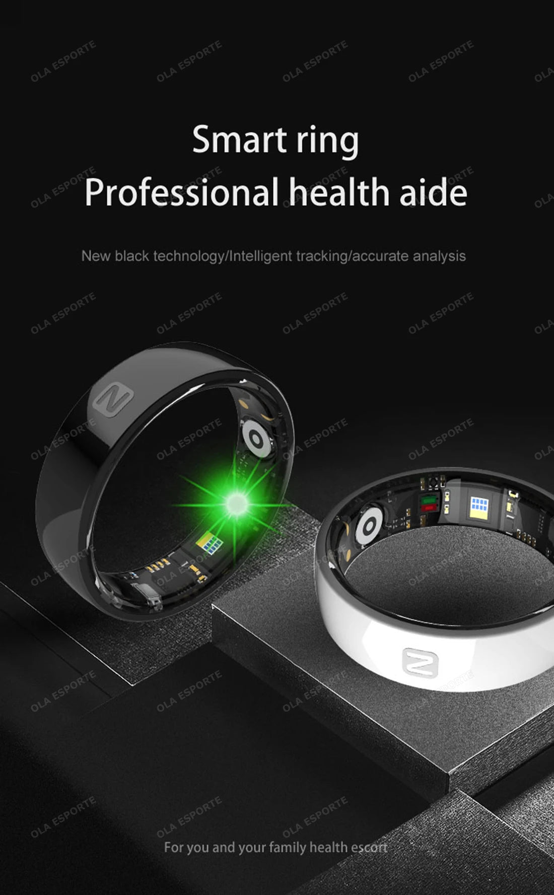 Smart ring with glowing green light on a black background