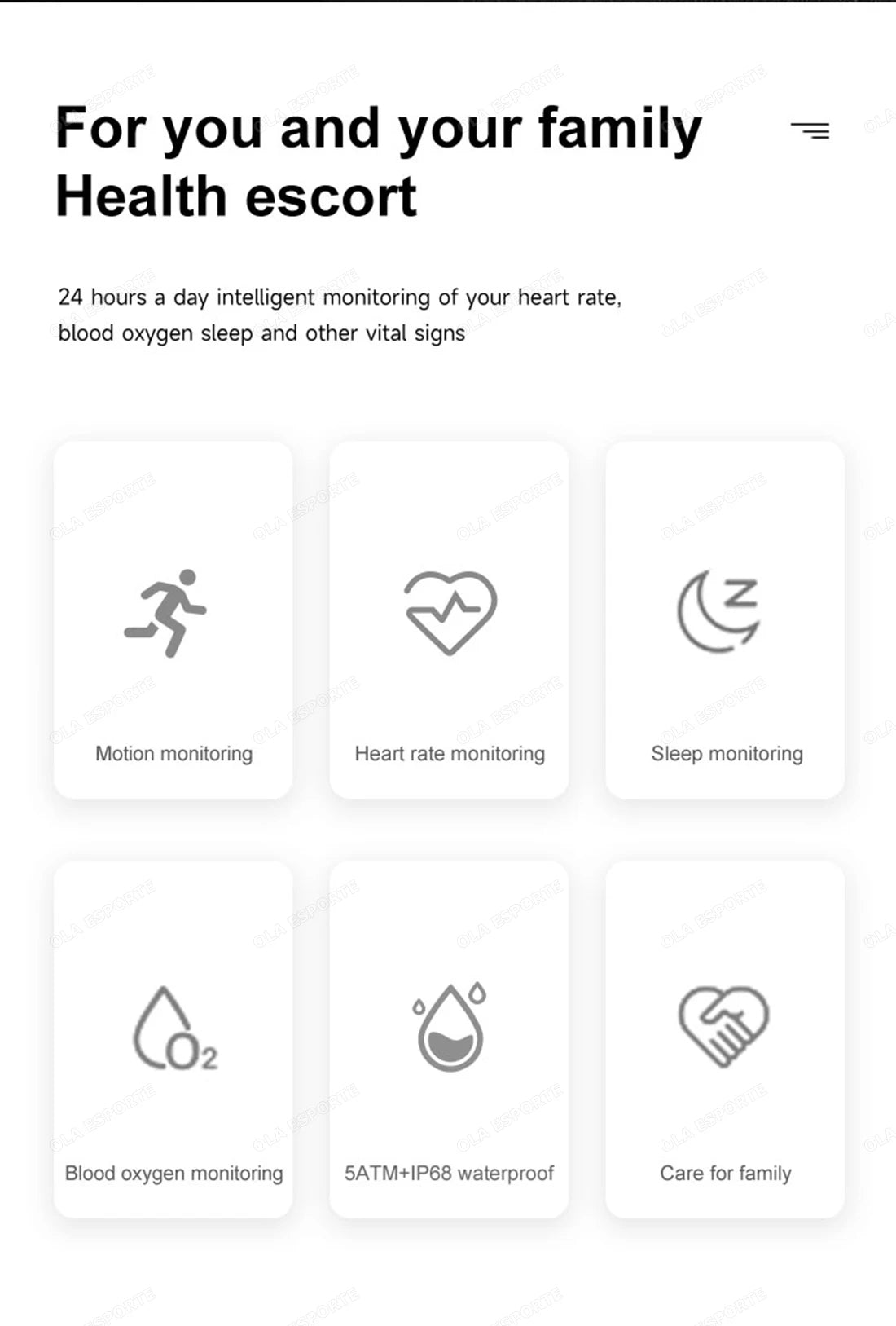 Health monitoring device features with icons and text on a white background