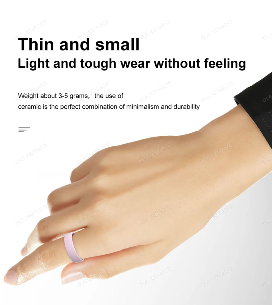 Hand wearing a thin ring with text about its weight and material on a white background