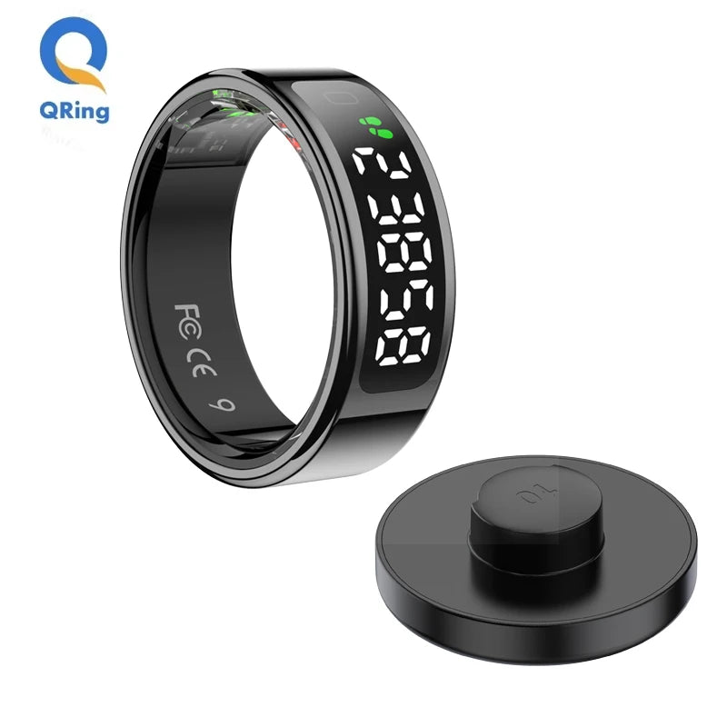 Digital smart ring with display and charging base on a white background, featuring QR Ring branding.