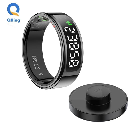 Digital smart ring with display and charging base on a white background, featuring QR Ring branding.