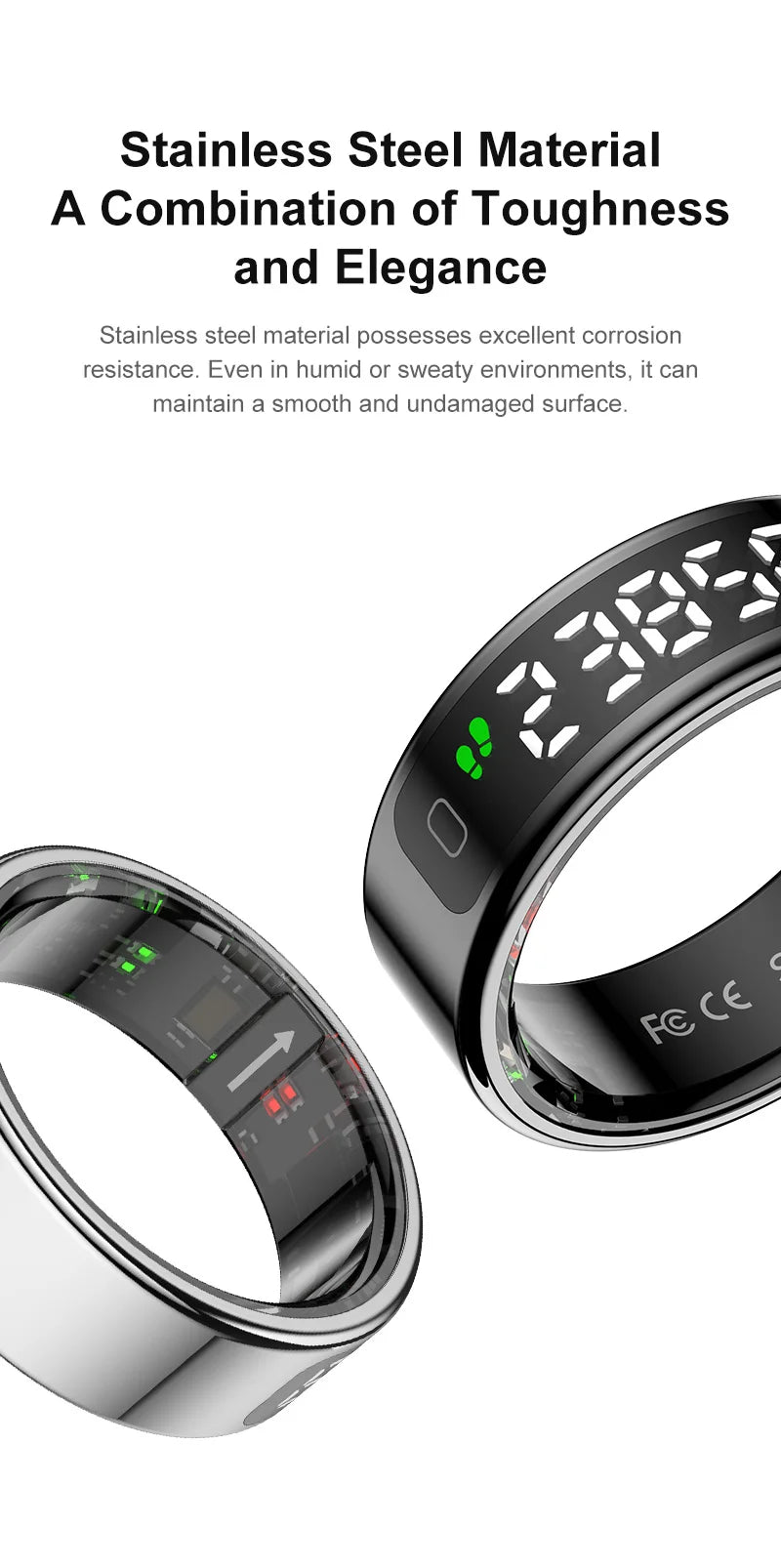 Two smartwatches, one black and one silver, on a white background with text about stainless steel material.