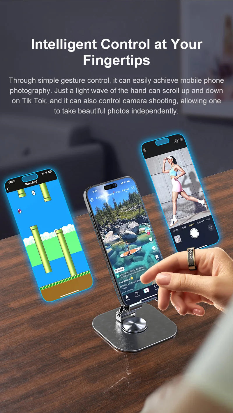 Hand using a smartphone with gesture control on a wooden surface