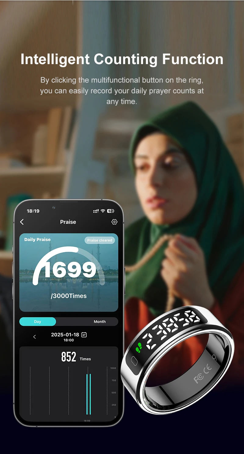 Smart ring with digital display and smartphone app showing prayer count, with a person wearing a hijab in the background.