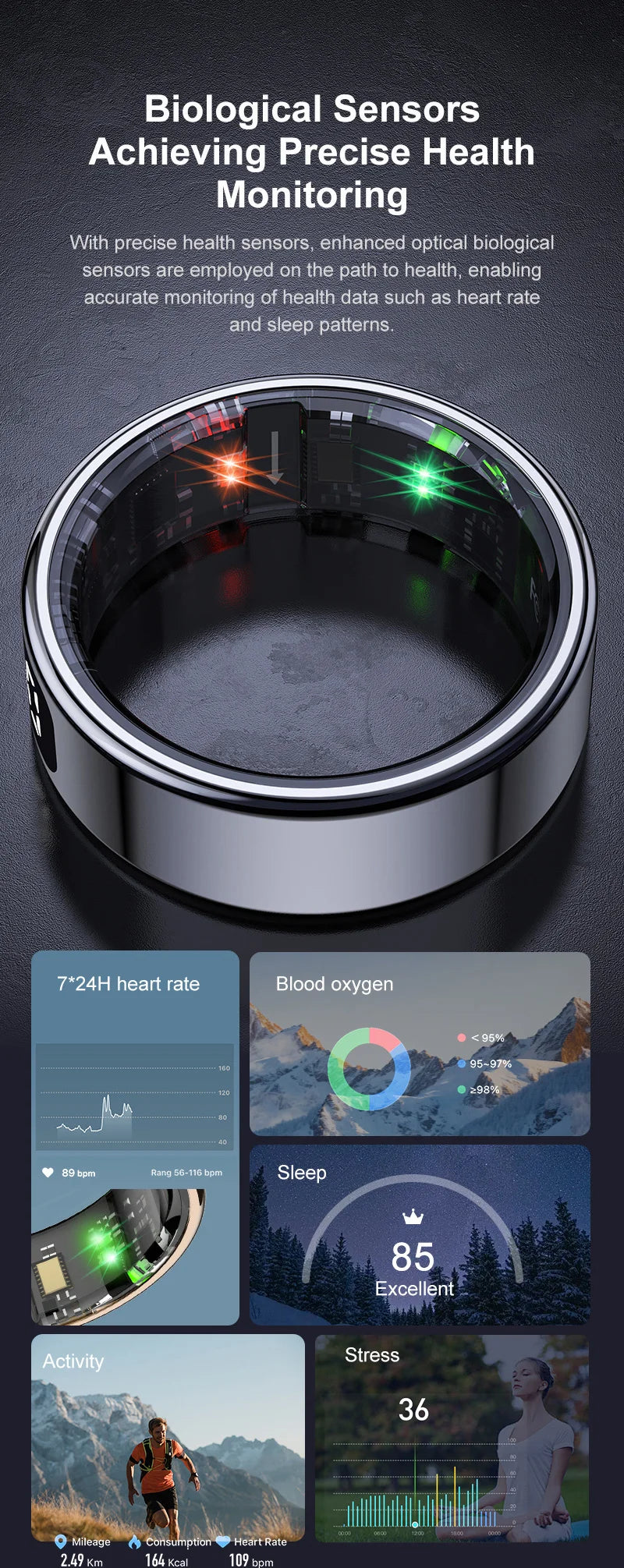 Smart ring with health monitoring features displayed on a dark background