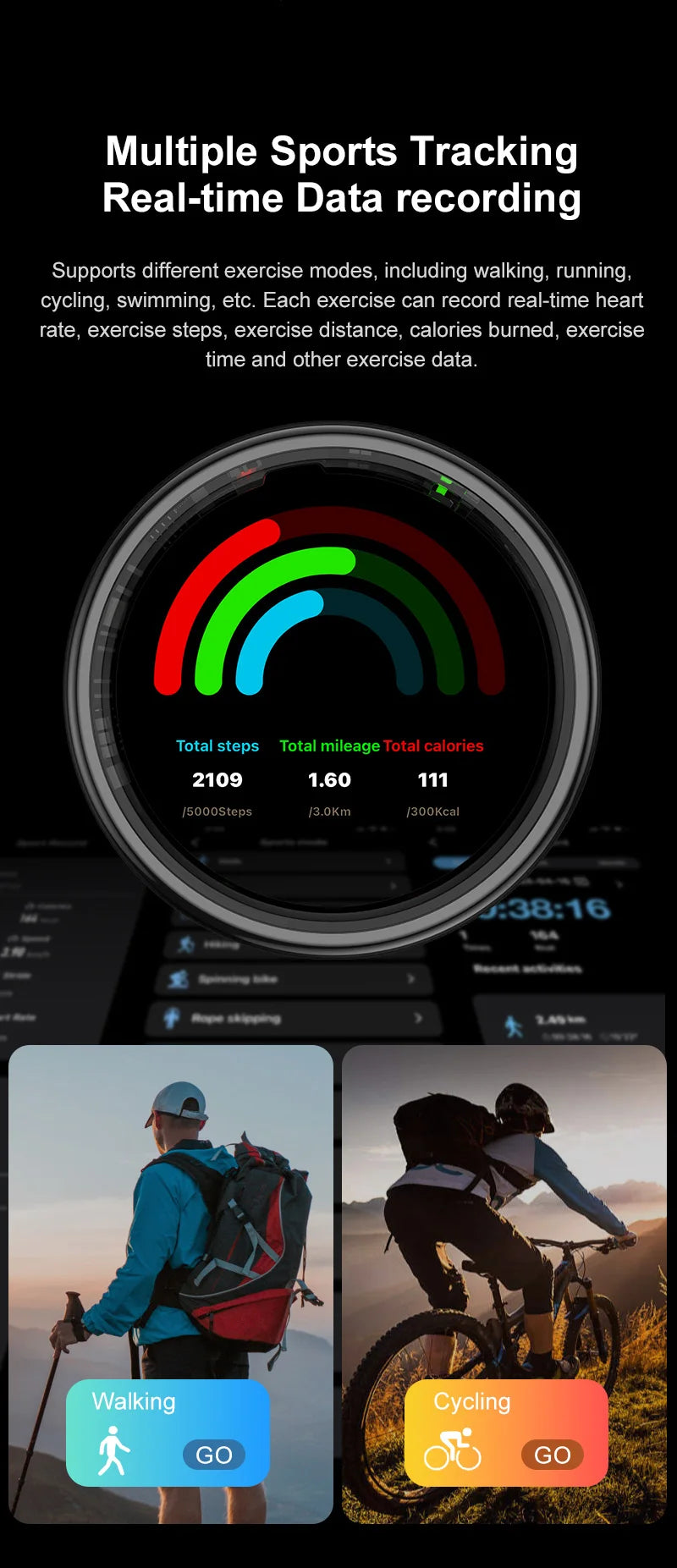 Smartwatch interface with sports tracking and real-time data recording on a black background.