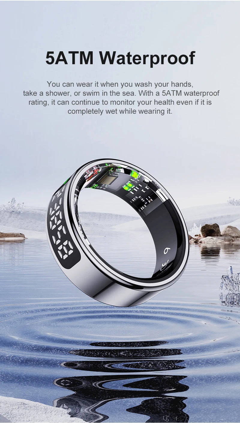 Smartwatch partially submerged in water with text about its waterproof rating.