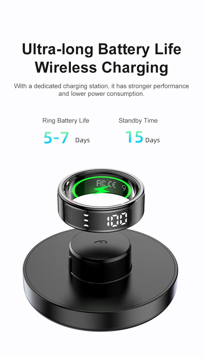 Wireless charging station with ring battery life indicator on a white background