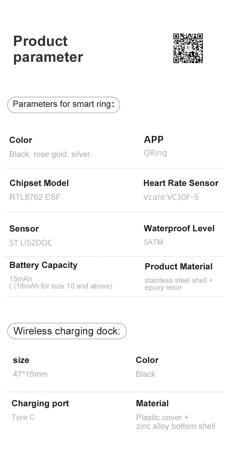 Product parameter card for a smart ring with specifications listed.