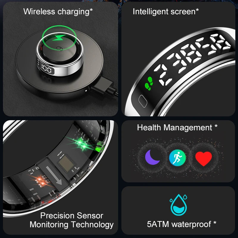 Smartwatch with features including wireless charging, intelligent screen, health management, precision sensor monitoring technology, and 5ATM waterproof rating.