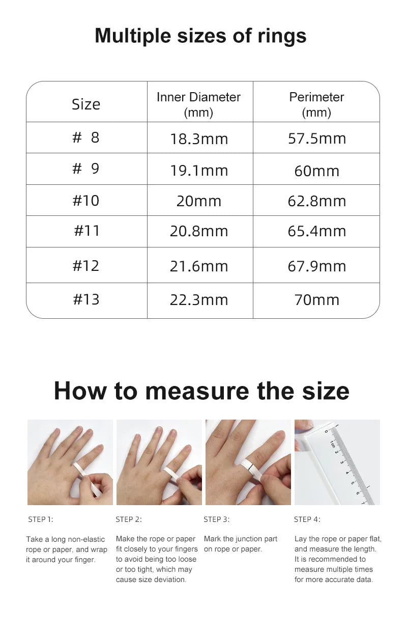 Table displaying multiple sizes of rings with their inner diameter and perimeter measurements, accompanied by instructions on how to measure ring size.