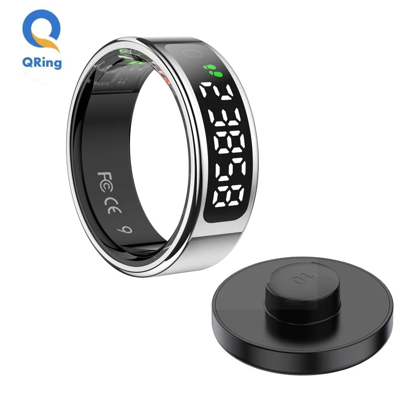Smart ring with digital display and charging base on a white background, featuring QR Ring branding.