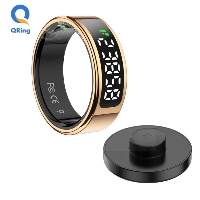 Smart ring with digital display and charging base on a white background, featuring QR Ring brand.