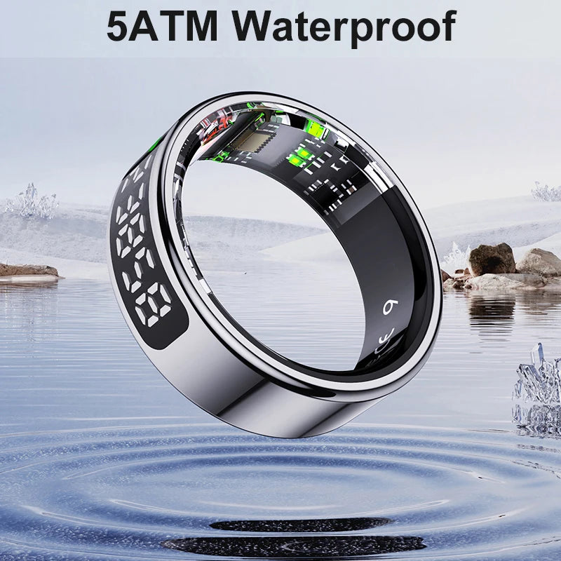 Smart ring with digital display on water surface, labeled '5ATM Waterproof'.