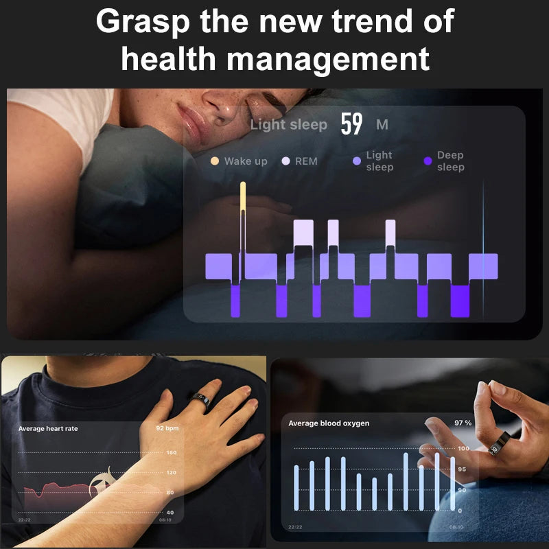 Person using a health monitoring device with graphs showing sleep patterns and heart rate.