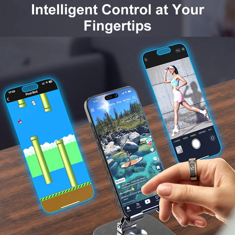 Smartphone with multiple apps open on a wooden surface, showing intelligent control at fingertips.