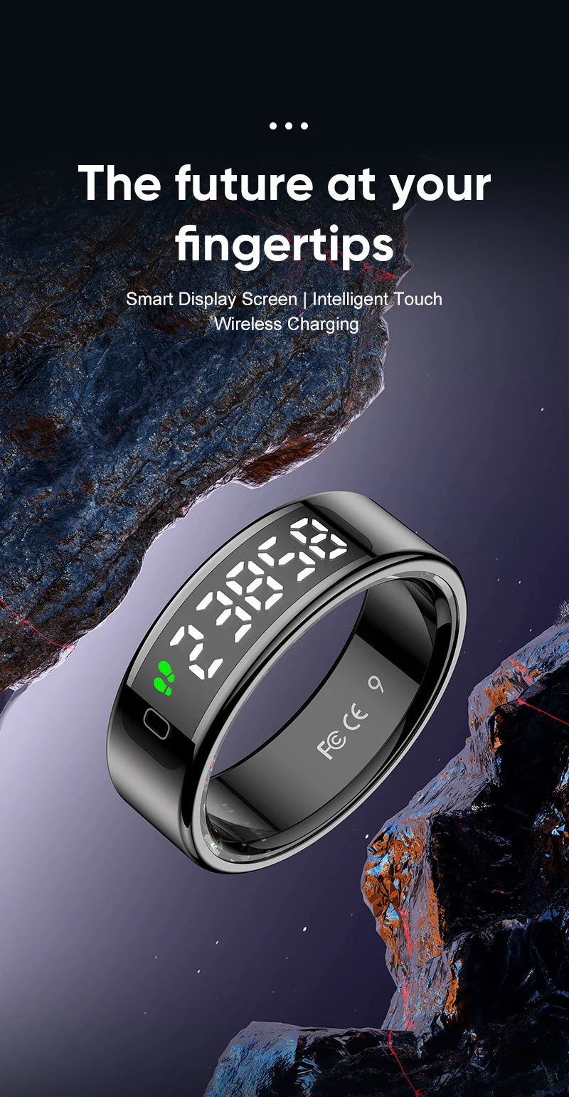 Smart ring with digital display on a dark background