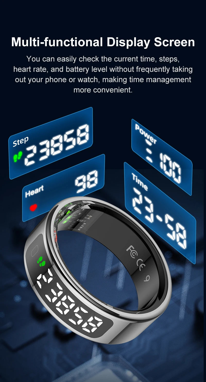 Smart ring with a multi-functional display screen on a dark background