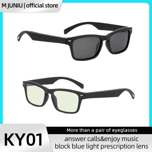 Black-framed eyeglasses with prescription lenses on a white background, branded as MJUNIU.