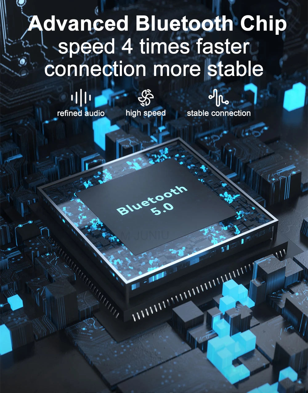 Advanced Bluetooth chip with text highlighting speed and stability on a digital background
