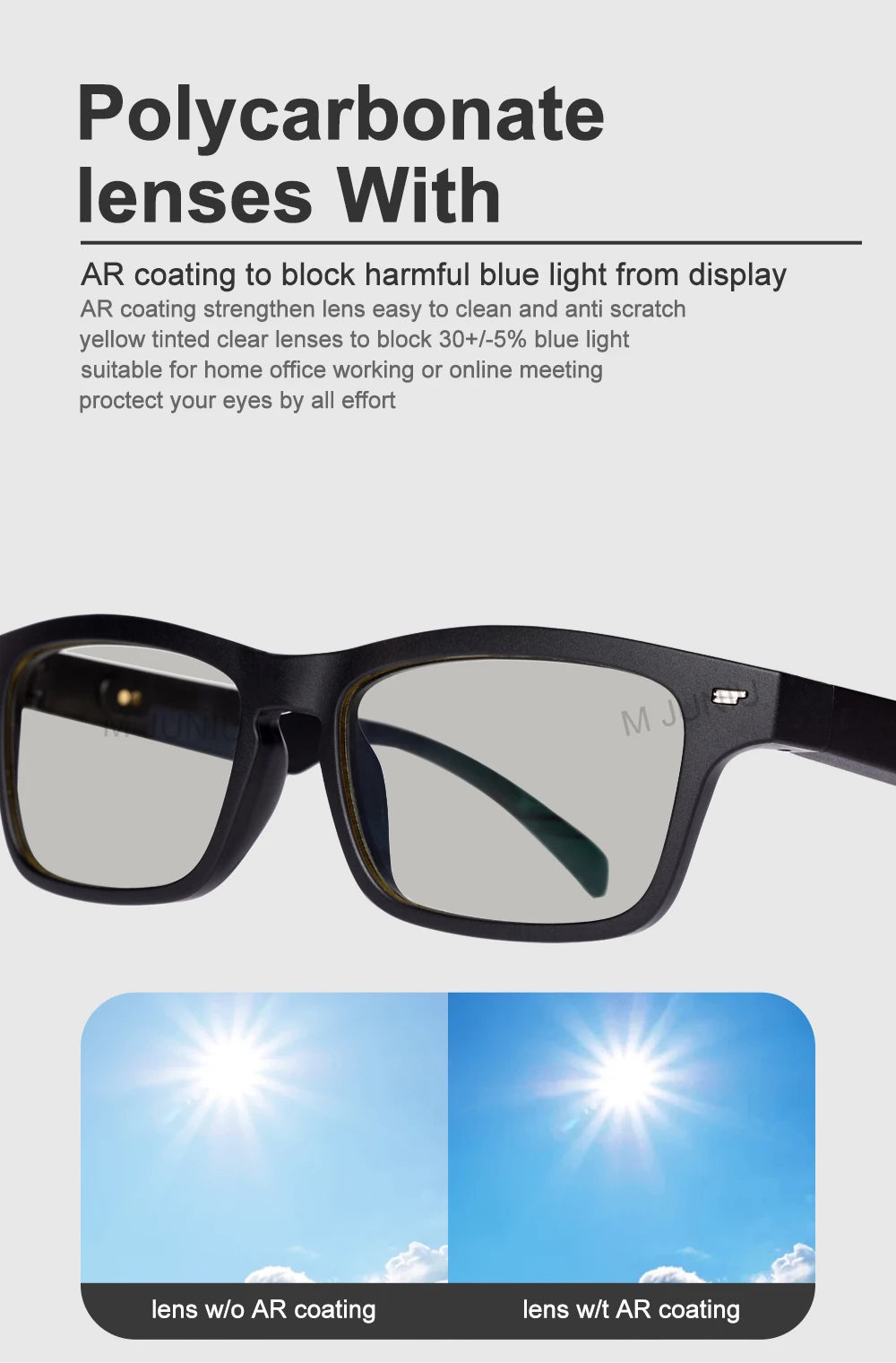 Black-framed glasses with polycarbonate lenses and AR coating to block blue light, on a white background.
