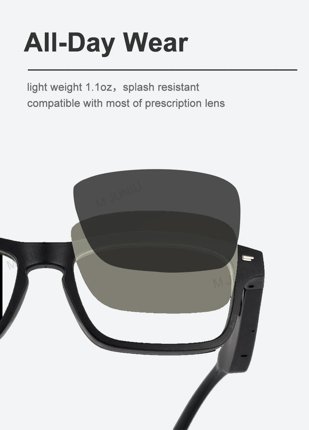 Eyeglasses with a detachable lens on a light gray background