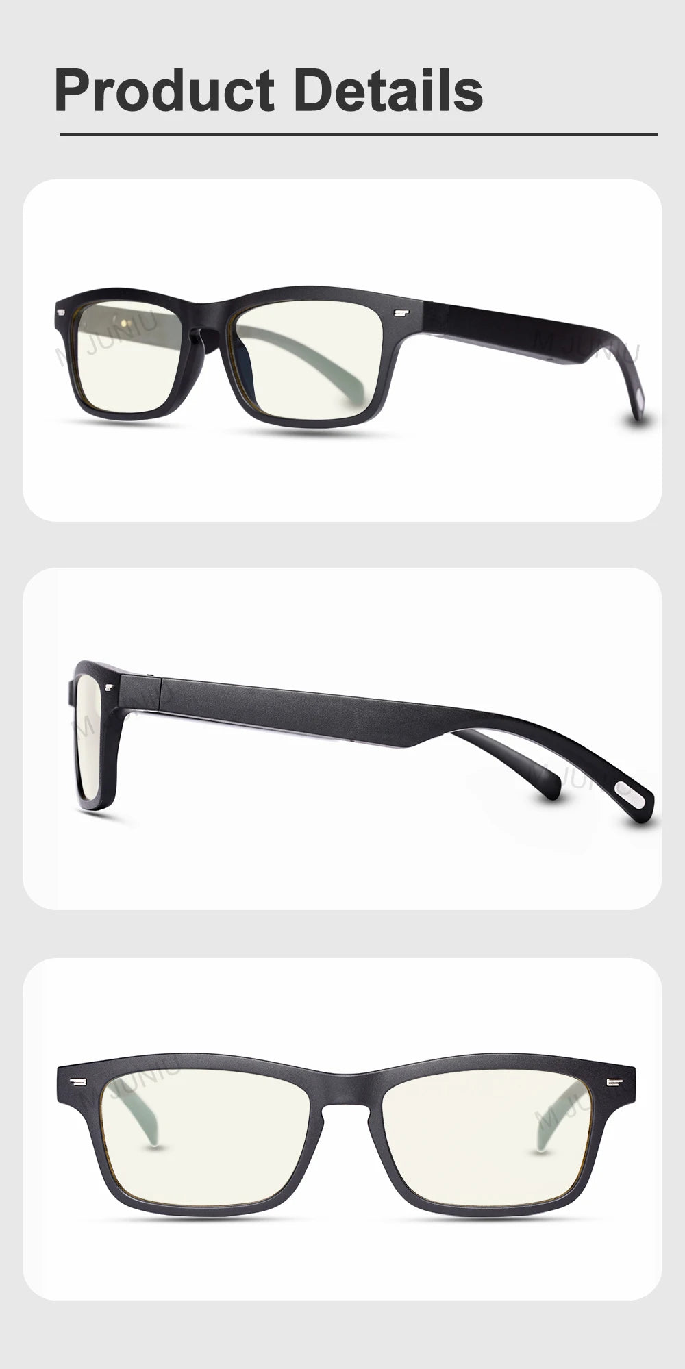 Black eyeglasses shown from different angles on a light gray background