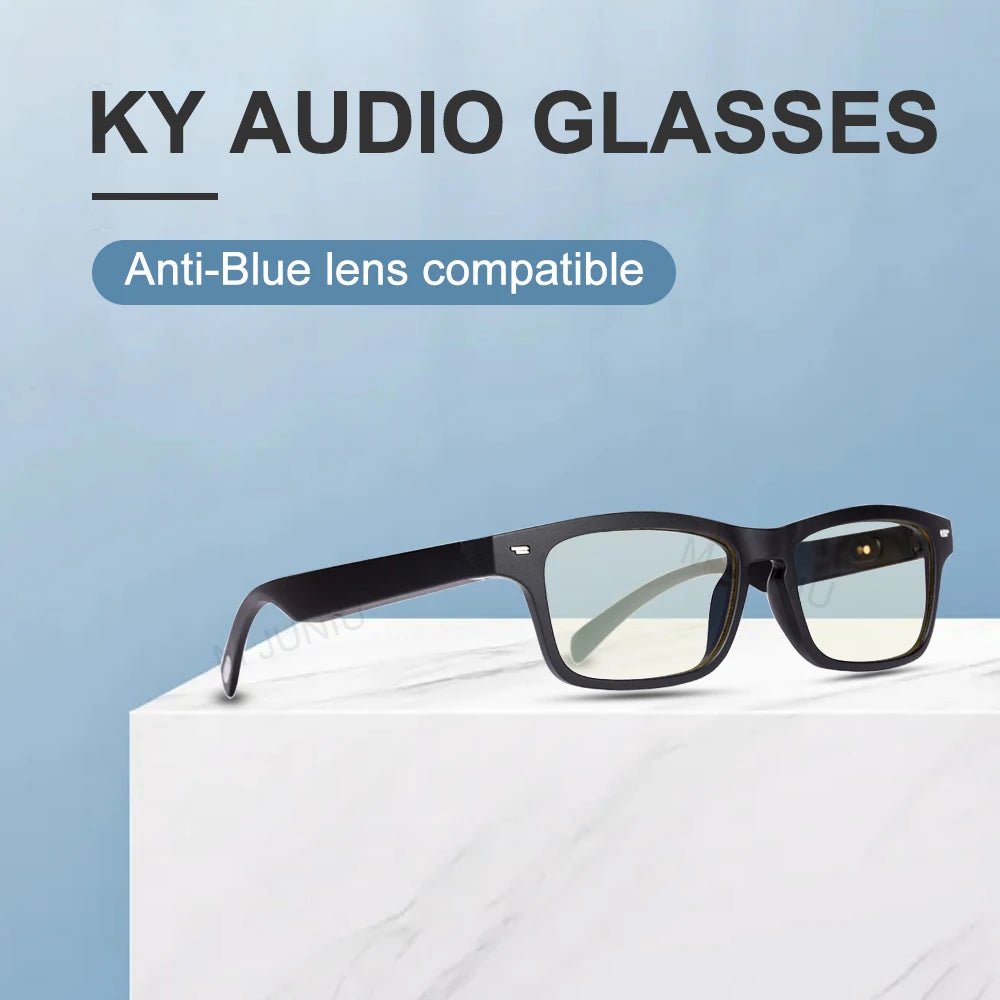 KY Audio Glasses with anti-blue lens feature on a light blue background