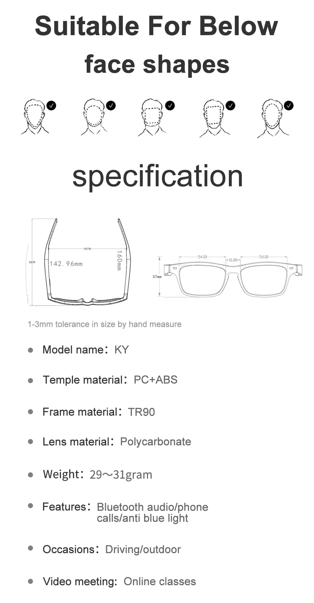 Product specifications and compatibility for a pair of glasses on a white background