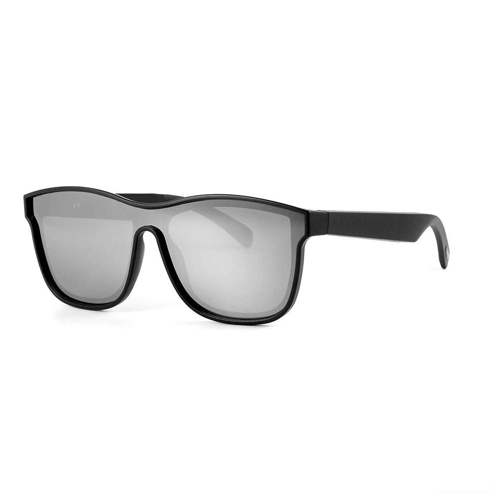 Black sunglasses with reflective lenses on a white background