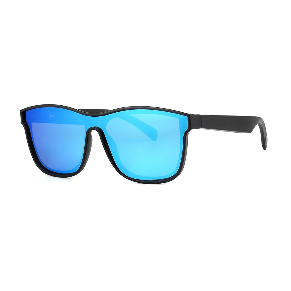 Sunglasses with blue lenses and black frame on a white background