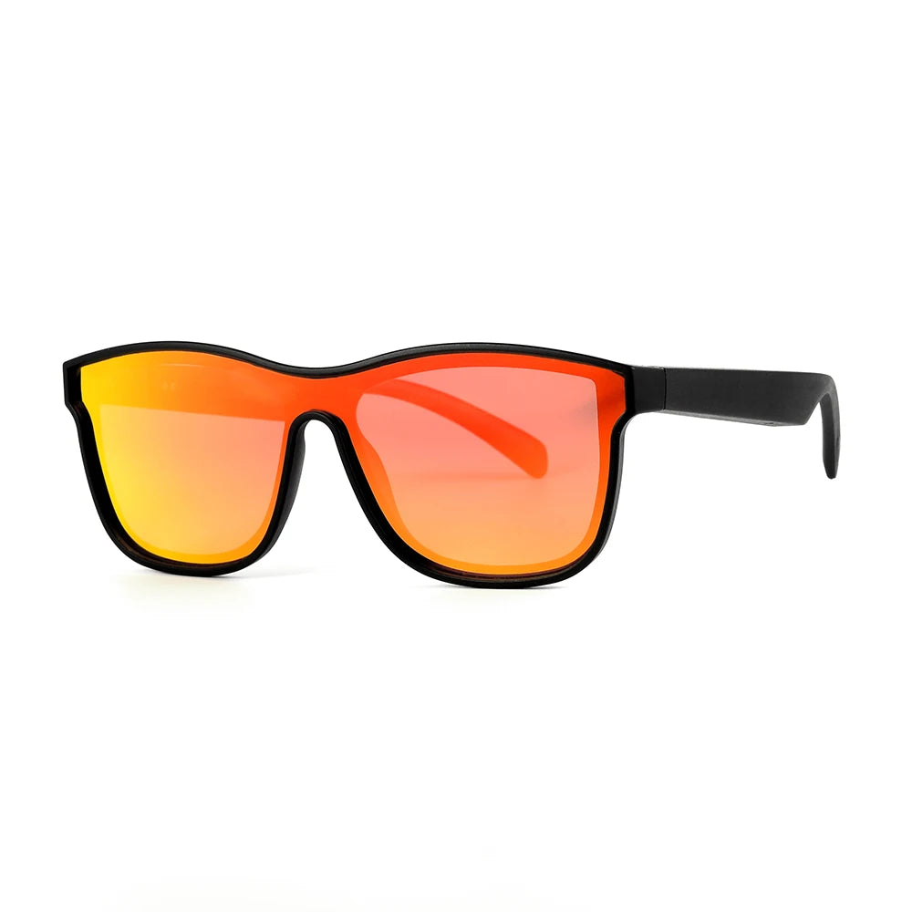 Sunglasses with orange gradient lenses and black frame on a white background